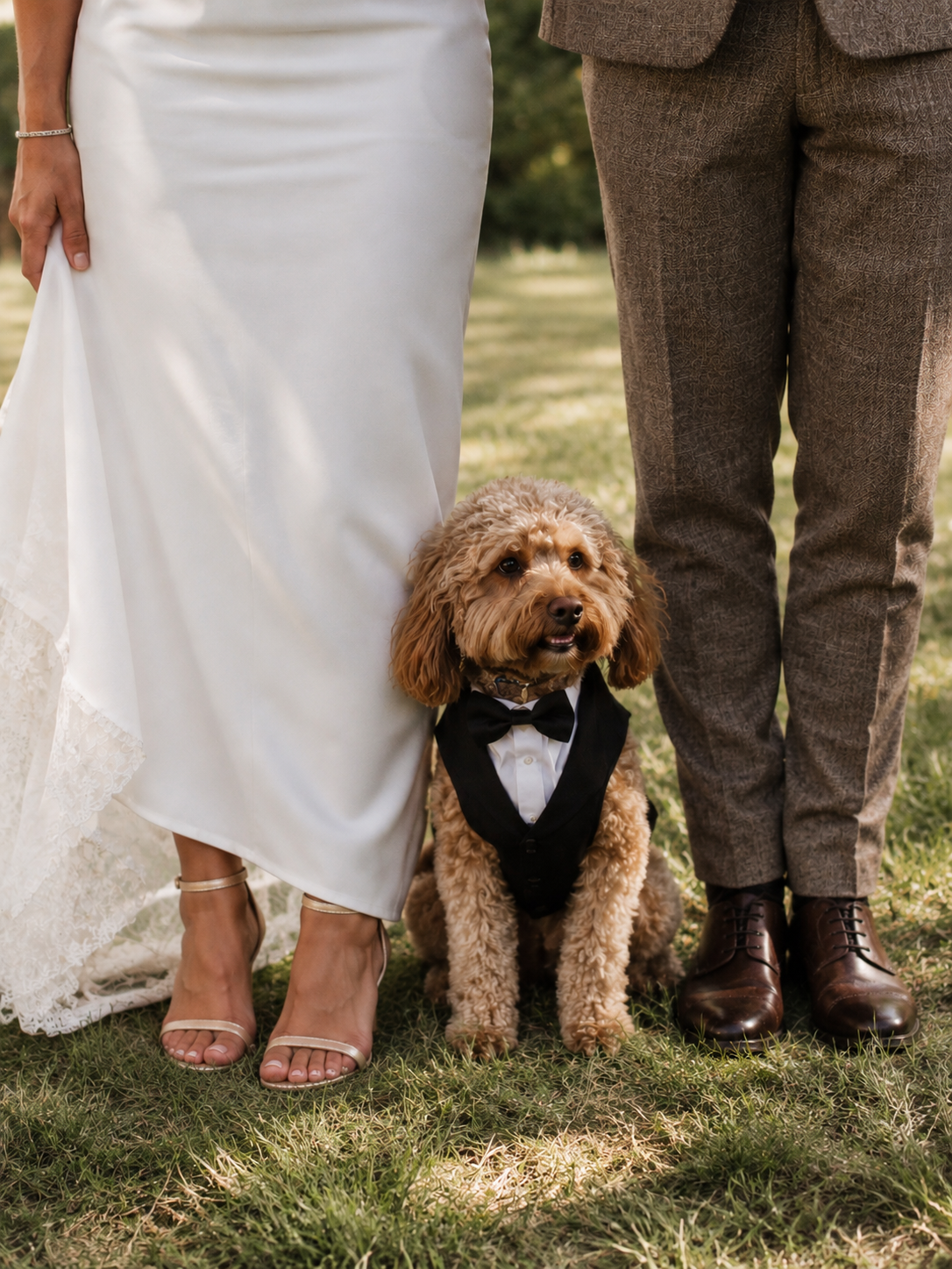 A cockapoo in a little black tuxedo sitting between a bride and groom on the lawn
